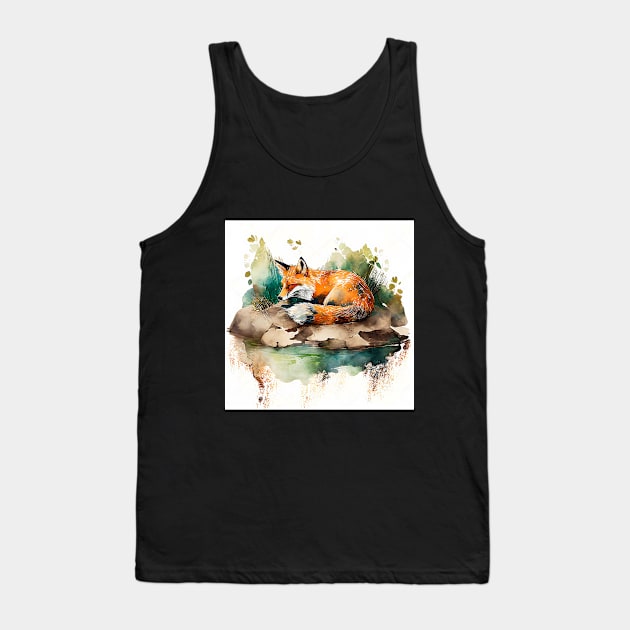 Sleepy Red Fox Watercolor Tank Top by The Art Mage